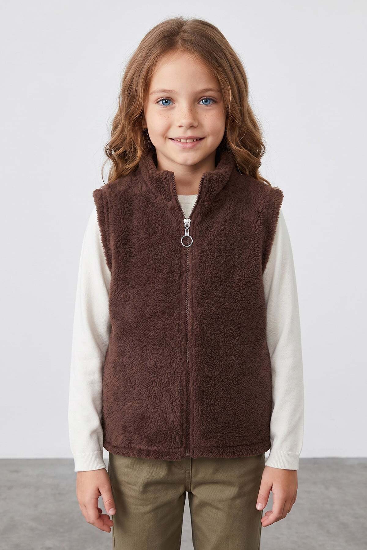Zippered High Collar Girls' Plush Vest - MALLTURK