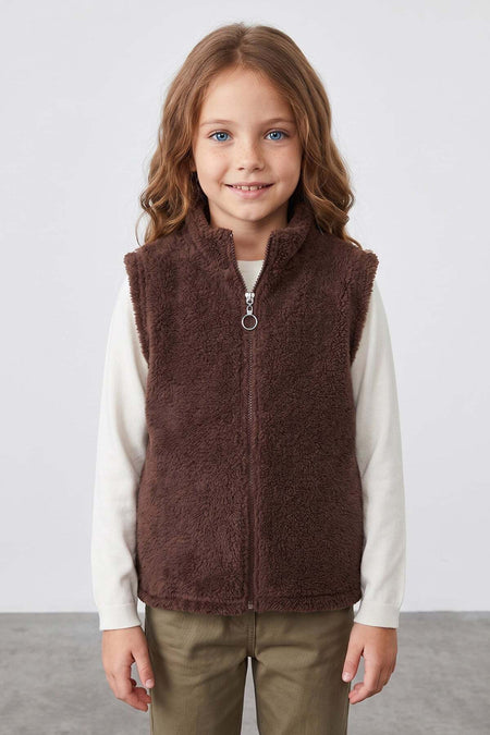 Zippered High Collar Girls' Plush Vest - MALLTURK