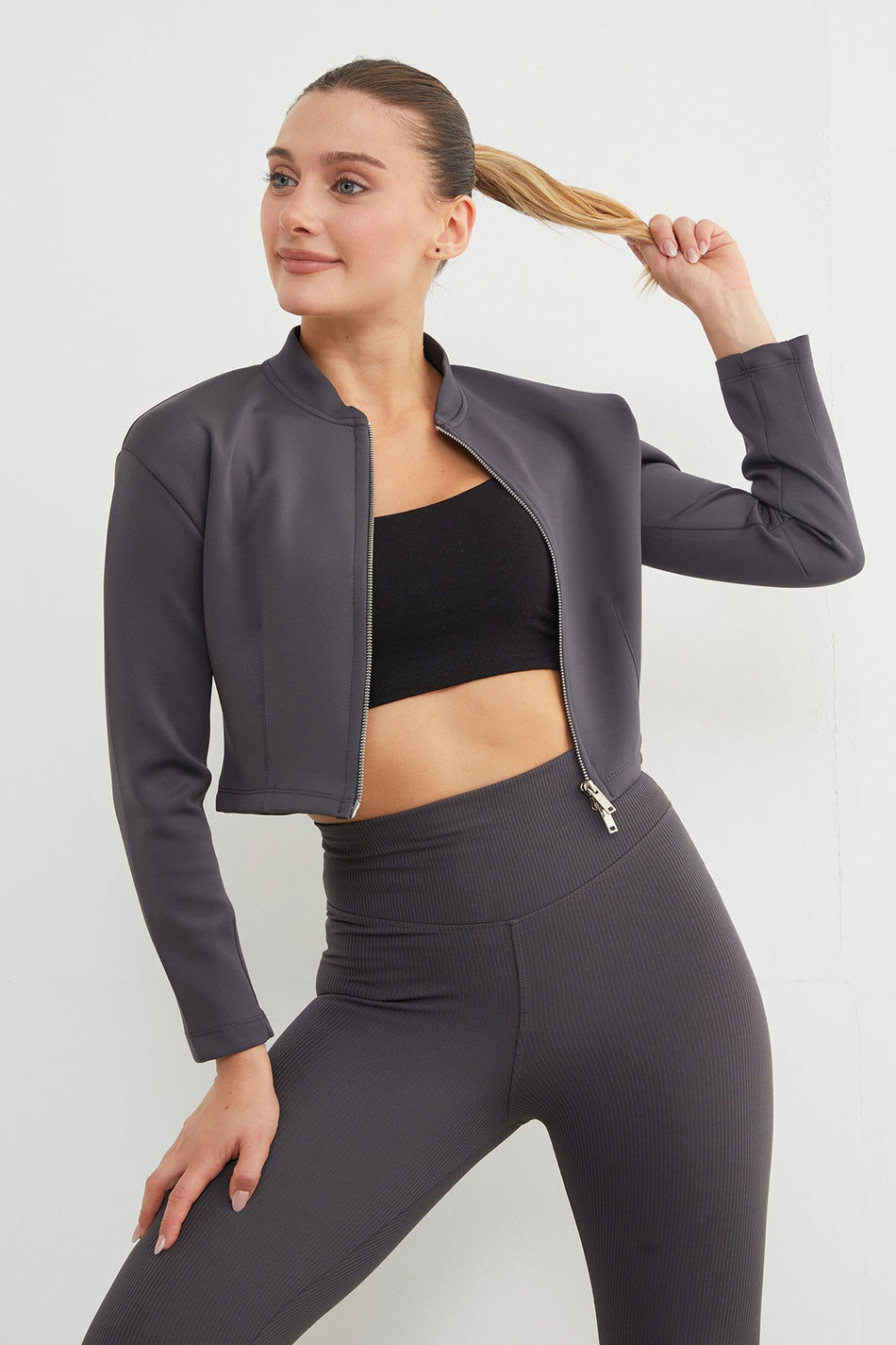 Zippered Judge Collar Crop Sports Jacket - MALLTURK