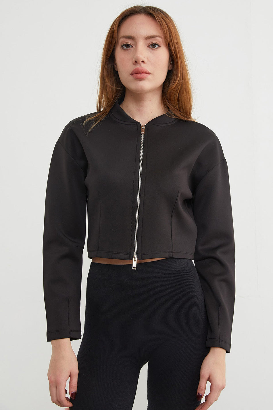 Zippered Judge Collar Crop Sports Jacket - MALLTURK