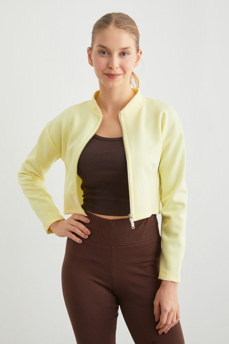 Zippered Judge Collar Crop Sports Jacket - MALLTURK