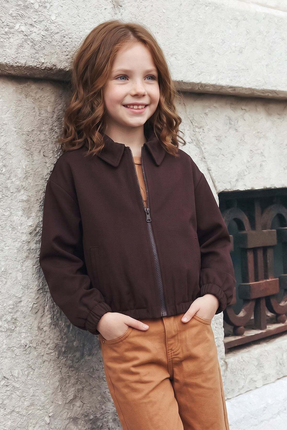 Zippered Pleated Polo Collar Bomber Girls' Jacket - MALLTURK