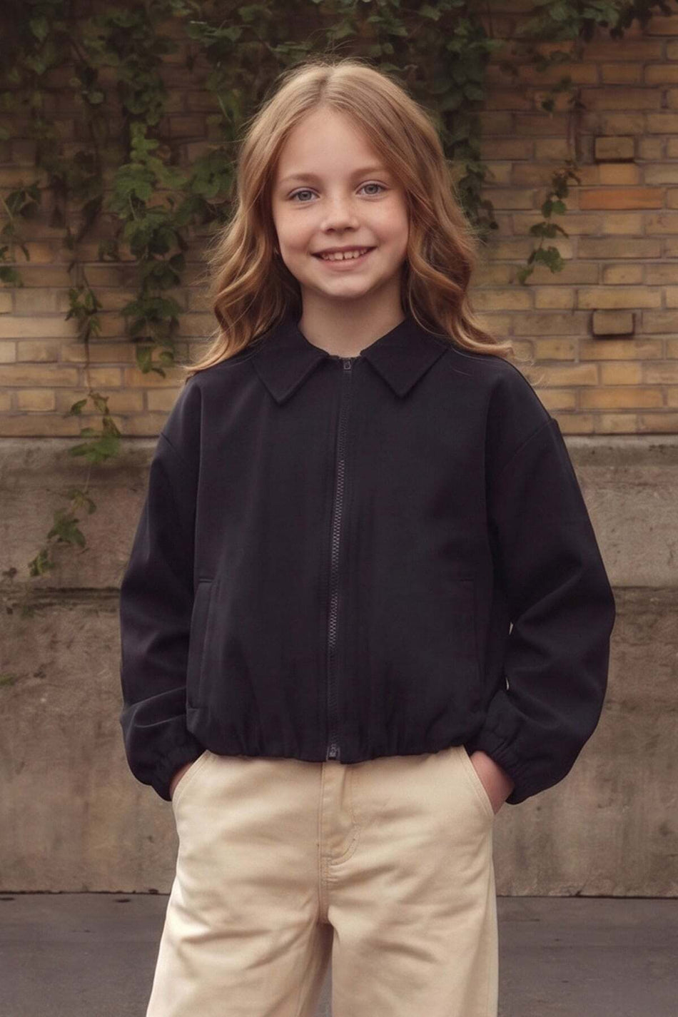 Zippered Pleated Polo Collar Bomber Girls' Jacket - MALLTURK
