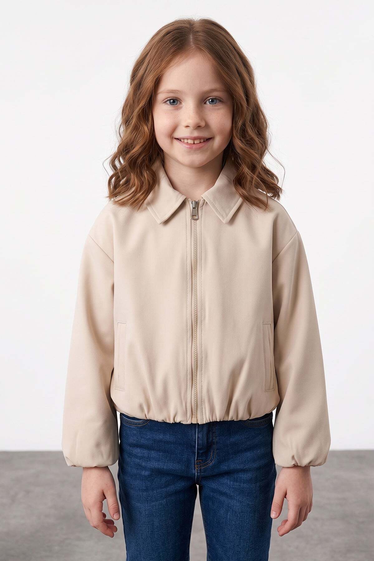 Zippered Pleated Polo Collar Bomber Girls' Jacket - MALLTURK