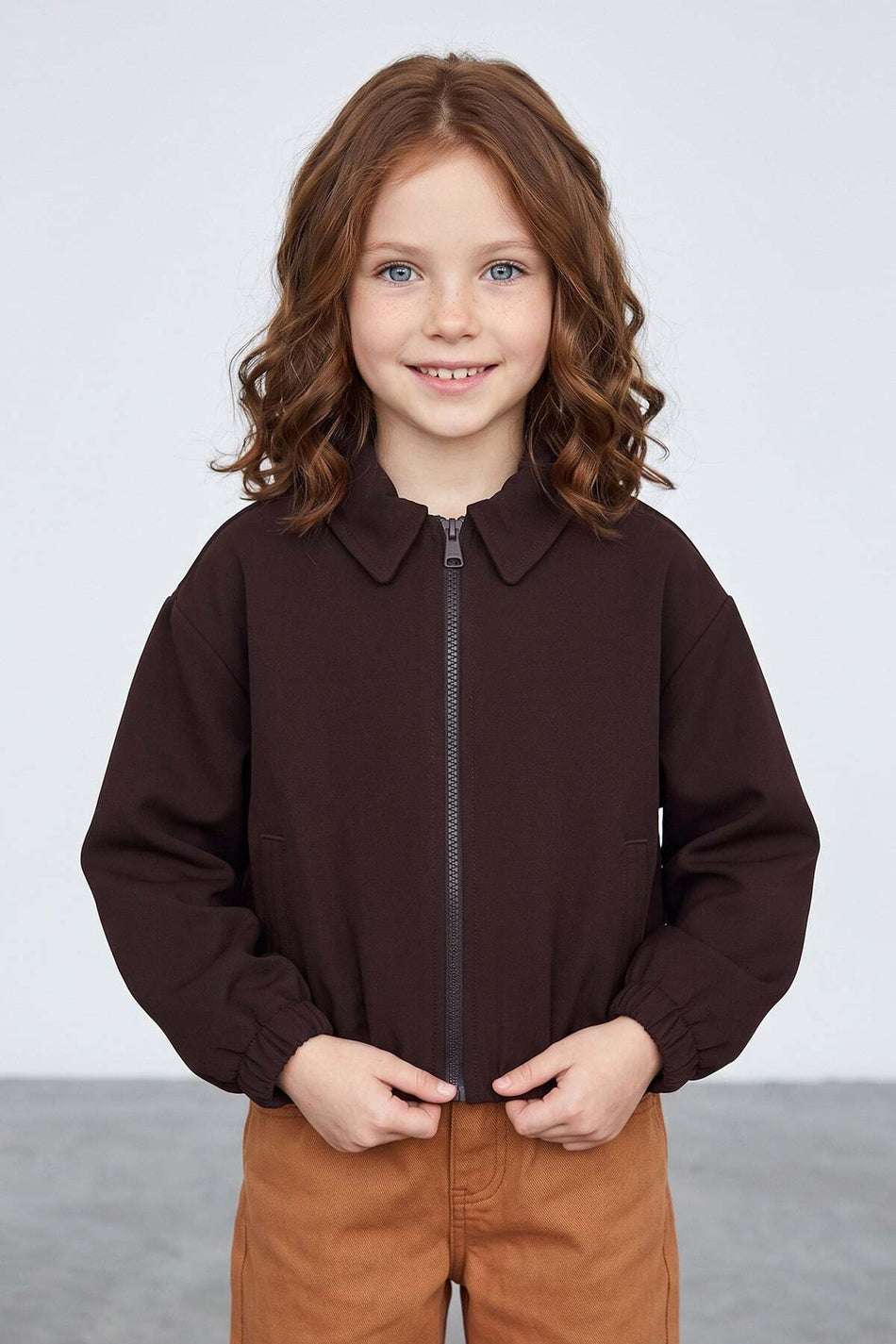 Zippered Pleated Polo Collar Bomber Girls' Jacket - MALLTURK