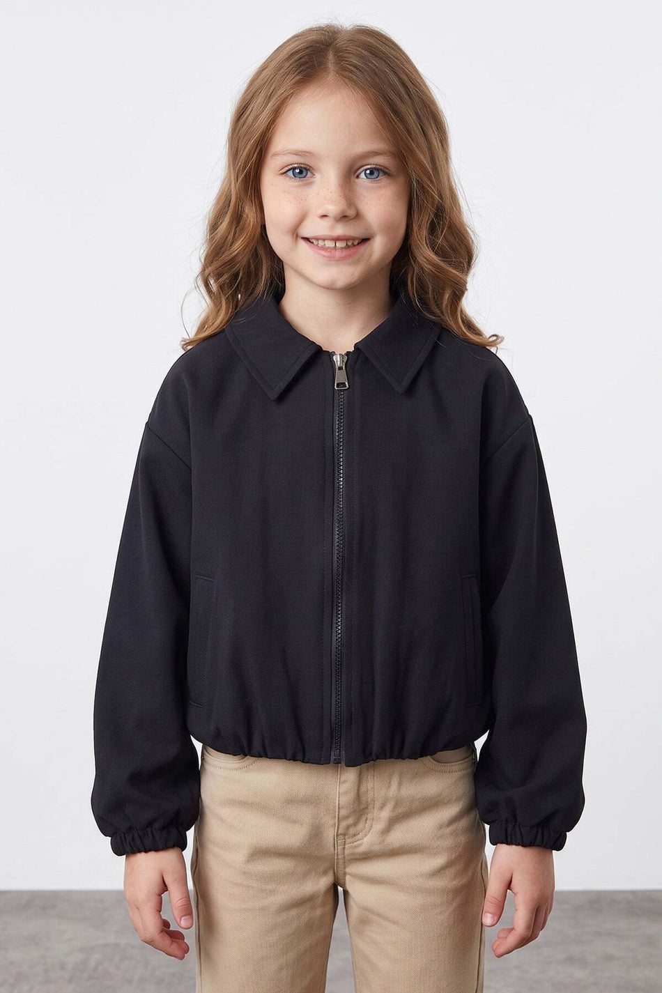 Zippered Pleated Polo Collar Bomber Girls' Jacket - MALLTURK