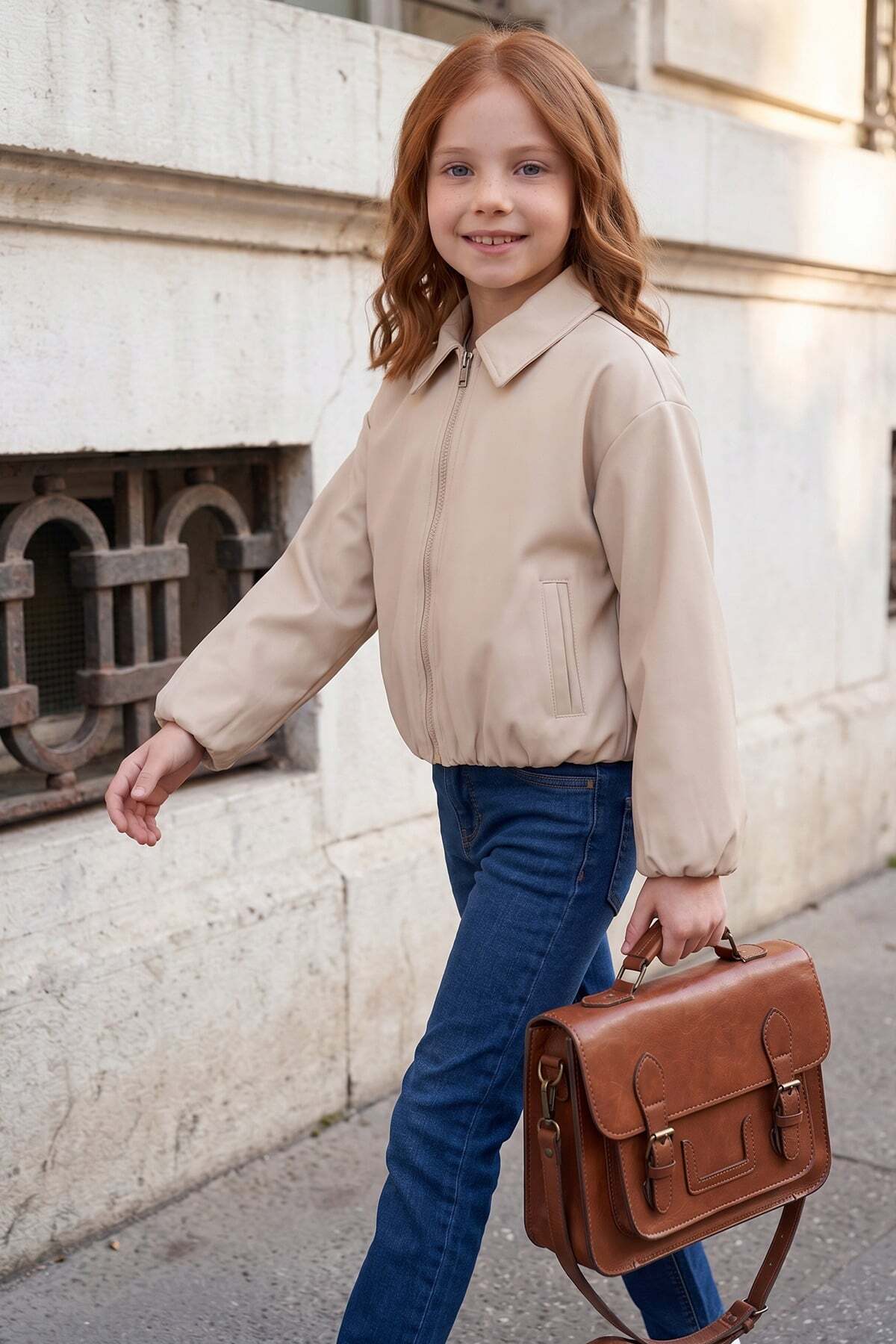 Zippered Pleated Polo Collar Bomber Girls' Jacket - MALLTURK
