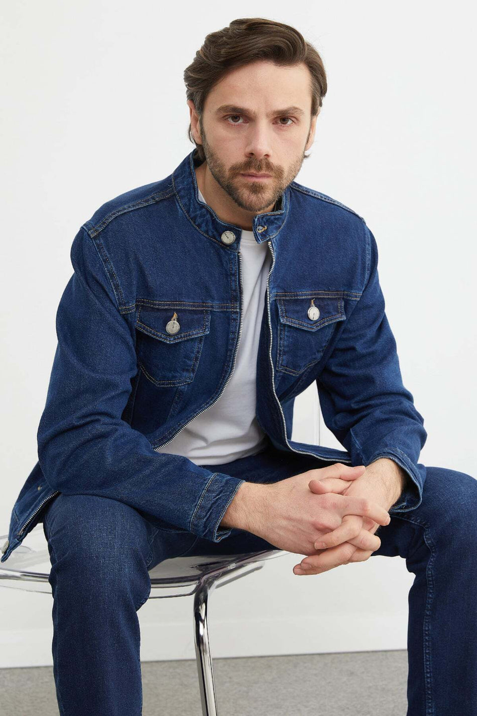Zippered Pocket Judge Collar Denim Jacket - MALLTURK