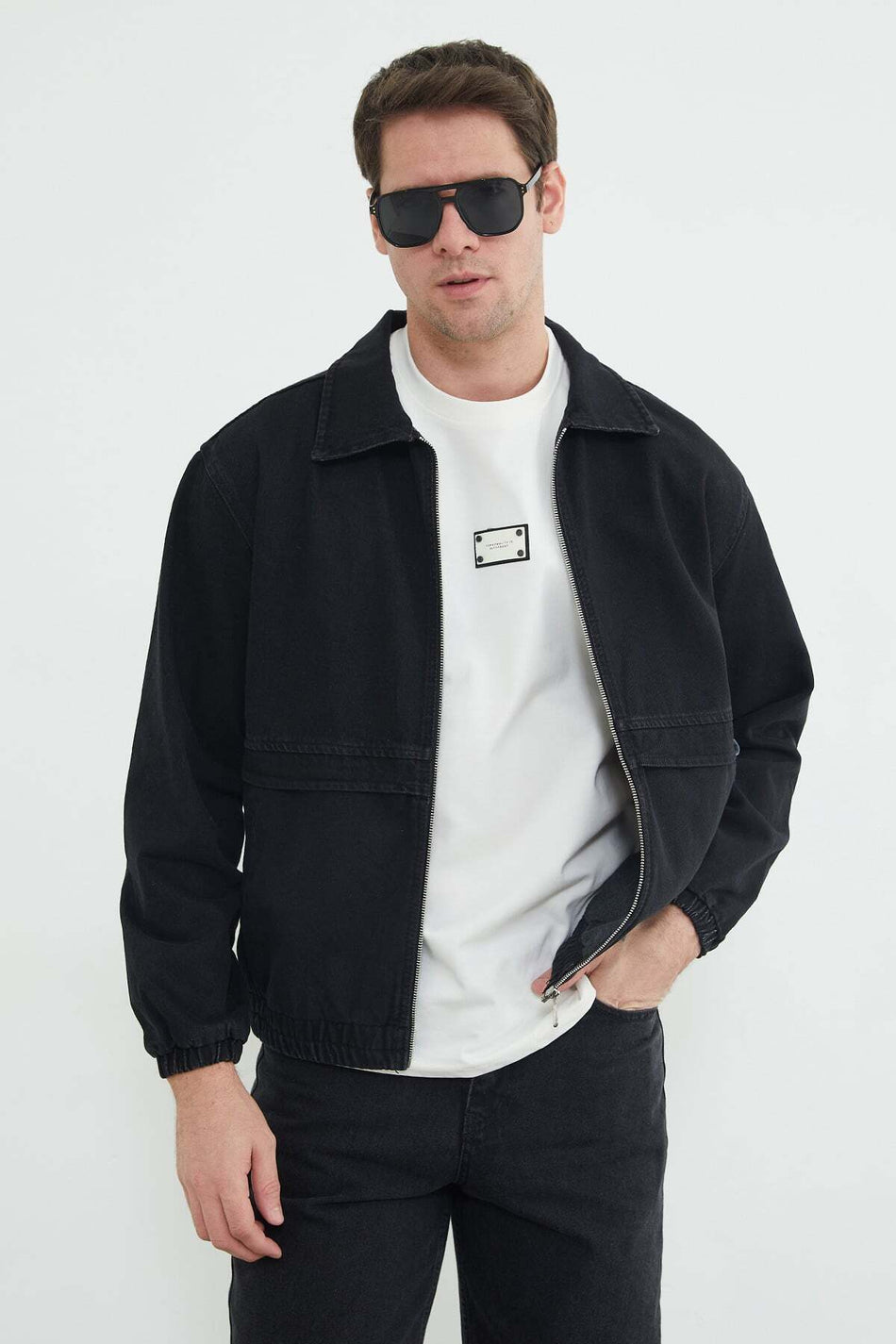 Zippered Polo Collar Oversize Denim Jacket - MALLTURK
