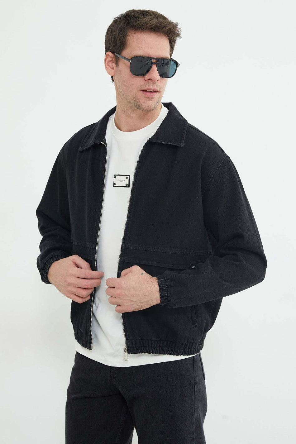 Zippered Polo Collar Oversize Denim Jacket - MALLTURK