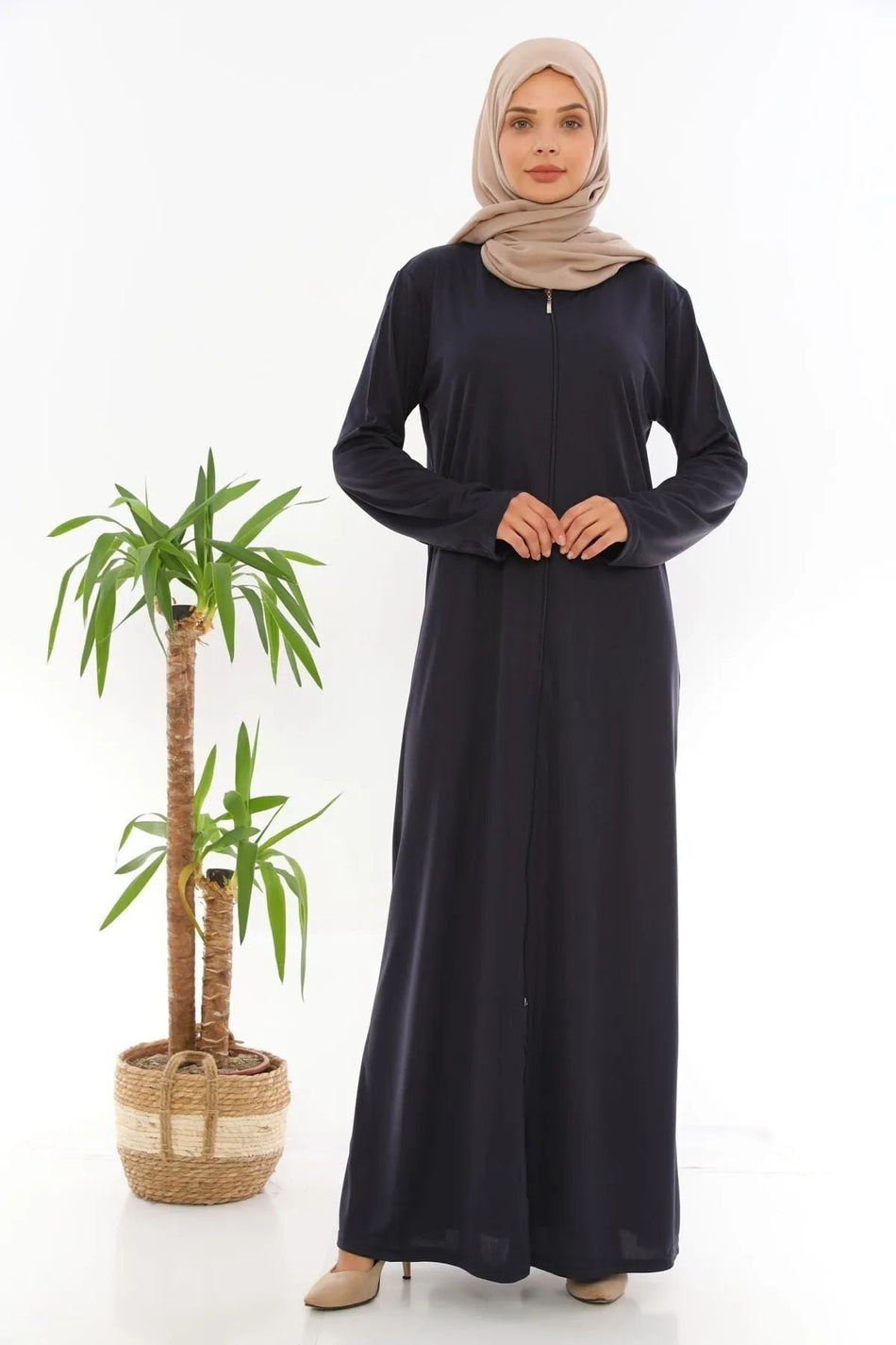 Zippered Prayer Dress Abaya Navy Blue - MALLTURK
