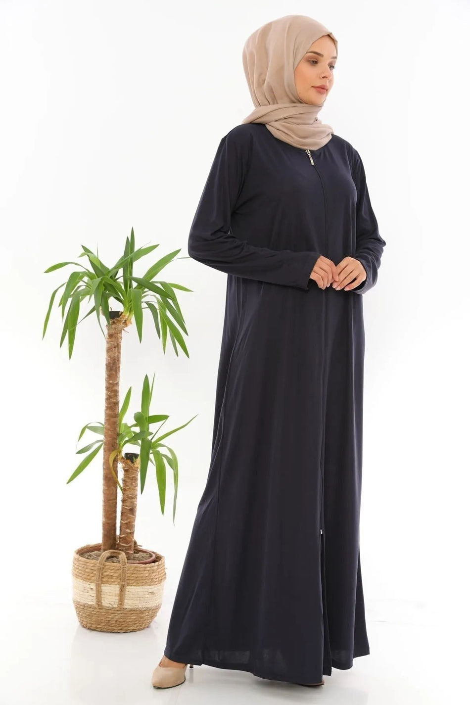 Zippered Prayer Dress Abaya Navy Blue - MALLTURK