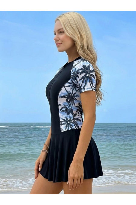 Zippered Short Sleeve Shorts with Chest Pads Lycra Jumpsuit Swimsuit Pool / Sea - MALLTURK
