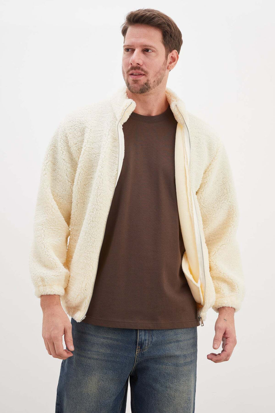 Zippered Stand Collar Double Pocket Plush Coat - MALLTURK