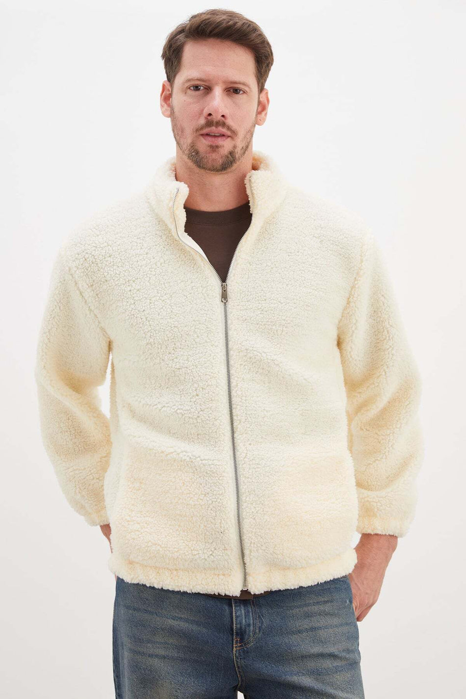 Zippered Stand Collar Double Pocket Plush Coat - MALLTURK