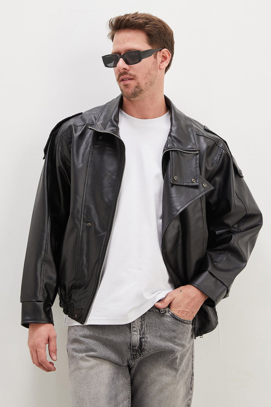 Zippered Stand Collar Faux Leather Coat - MALLTURK
