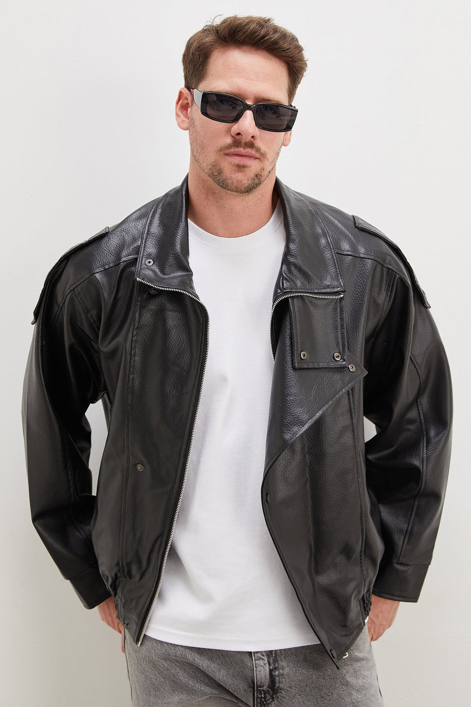 Zippered Stand Collar Faux Leather Coat - MALLTURK
