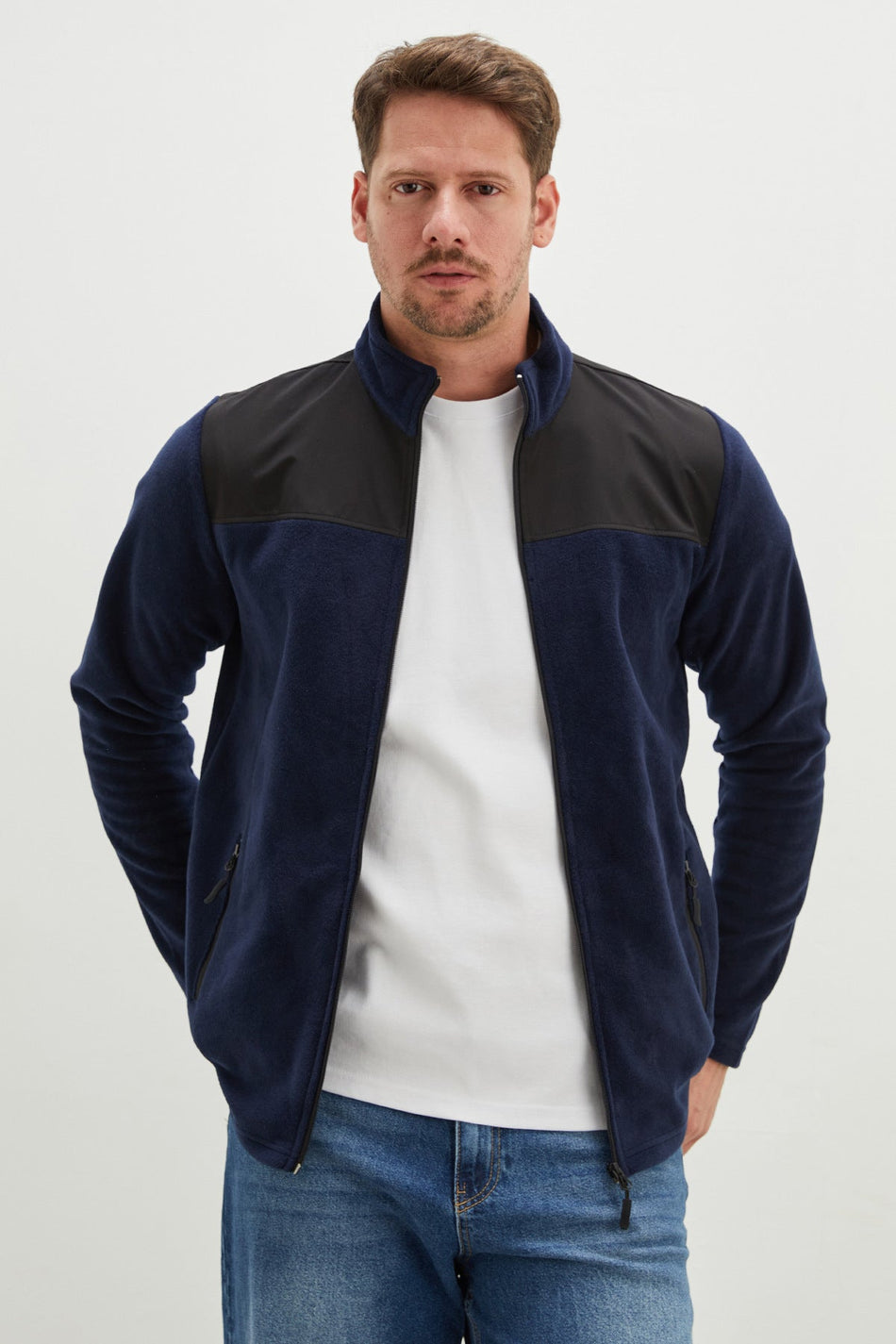Zippered Stand Collar Fleece Jacket with Parachute Fabric Detail - MALLTURK