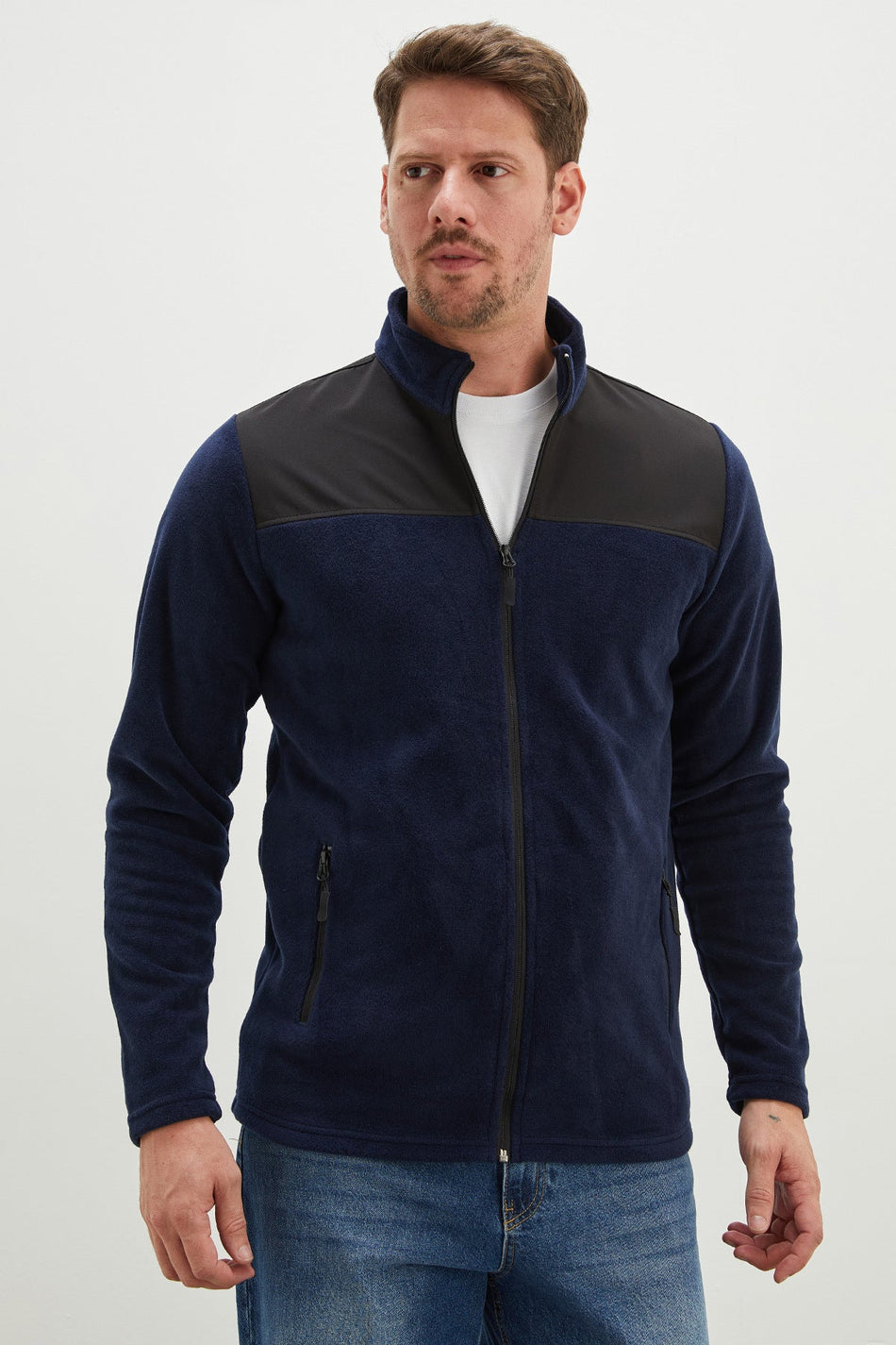 Zippered Stand Collar Fleece Jacket with Parachute Fabric Detail - MALLTURK