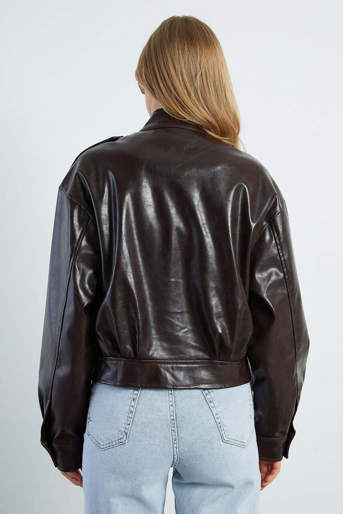 Zippered Stand Collar Pleated Faux Leather Jacket - MALLTURK
