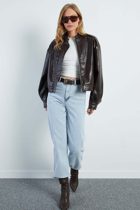 Zippered Stand Collar Pleated Faux Leather Jacket - MALLTURK