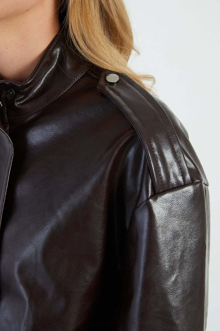 Zippered Stand Collar Pleated Faux Leather Jacket - MALLTURK