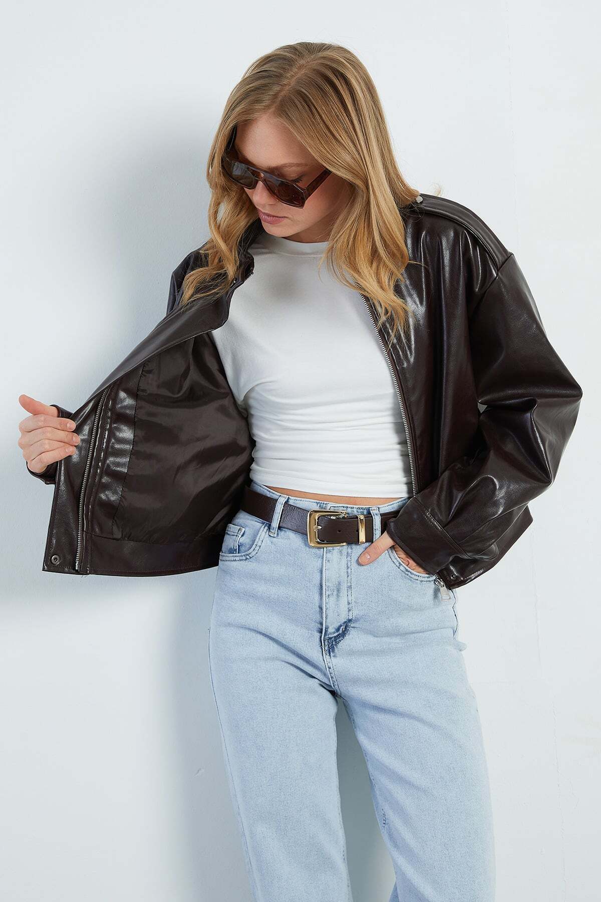 Zippered Stand Collar Pleated Faux Leather Jacket - MALLTURK