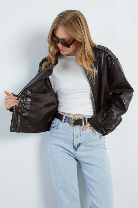 Zippered Stand Collar Pleated Faux Leather Jacket - MALLTURK
