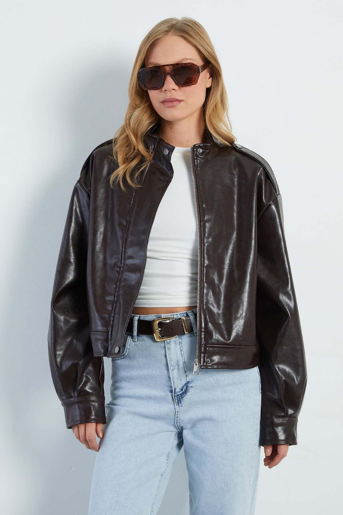 Zippered Stand Collar Pleated Faux Leather Jacket - MALLTURK