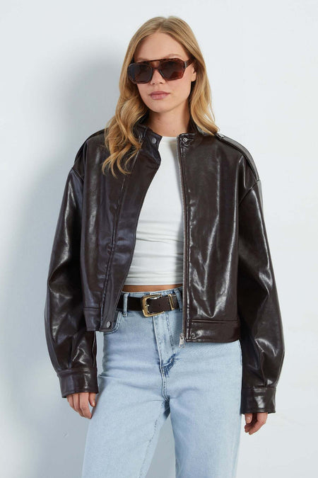 Zippered Stand Collar Pleated Faux Leather Jacket - MALLTURK