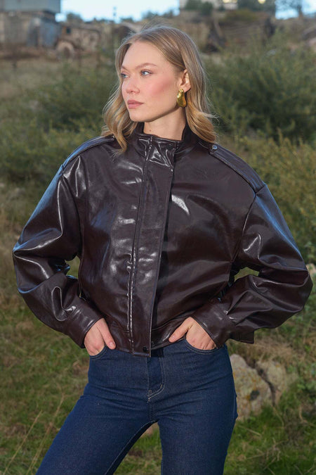 Zippered Stand Collar Pleated Faux Leather Jacket - MALLTURK