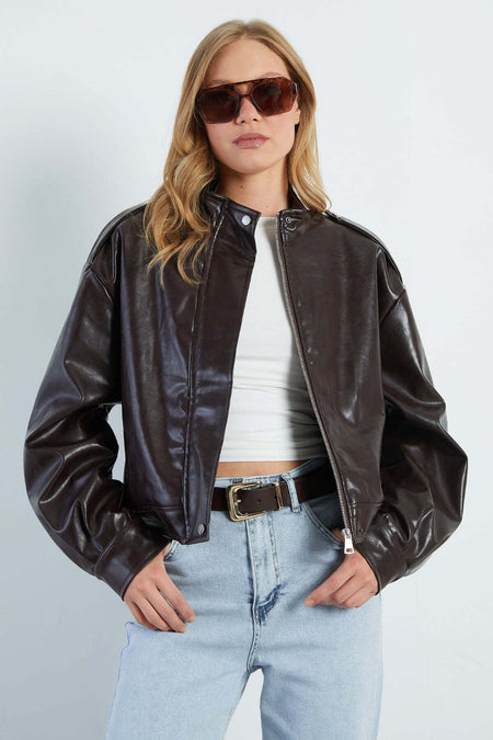 Zippered Stand Collar Pleated Faux Leather Jacket - MALLTURK