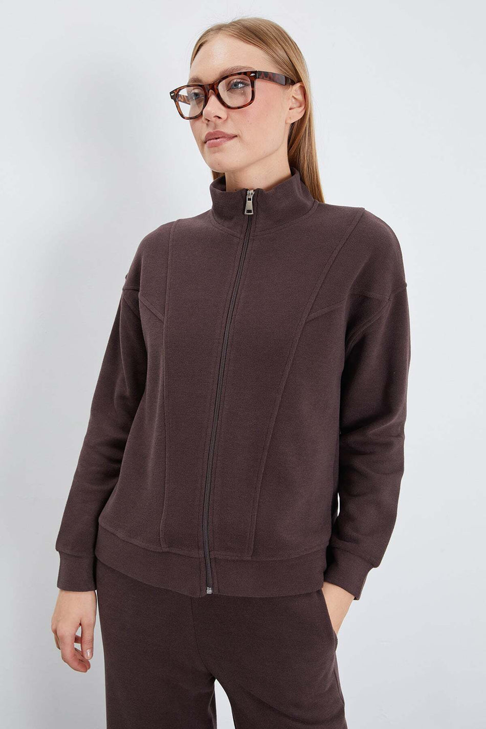 Zippered Stand Collar Ribbed 2-Piece Set - MALLTURK