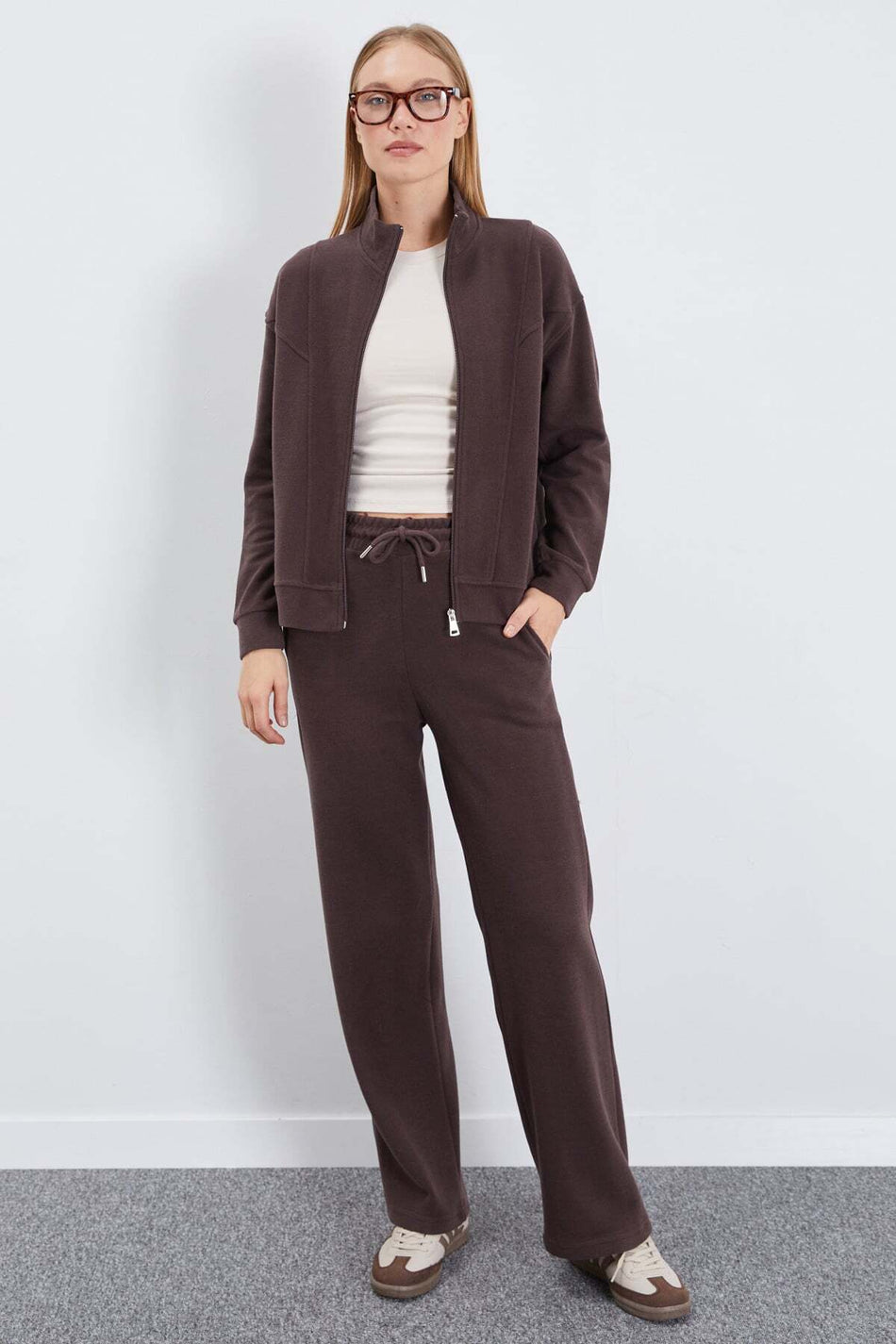 Zippered Stand Collar Ribbed 2-Piece Set - MALLTURK